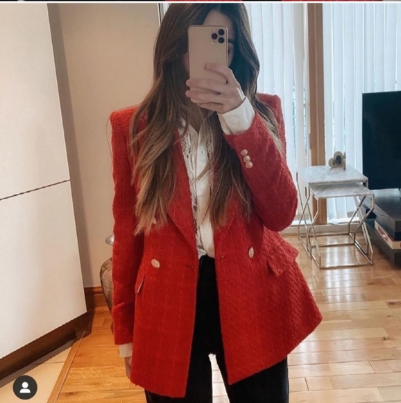 ZARA TEXTURED TWEED DOUBLE-BREASTED RED BLAZER size S - Picture 8 of 16
